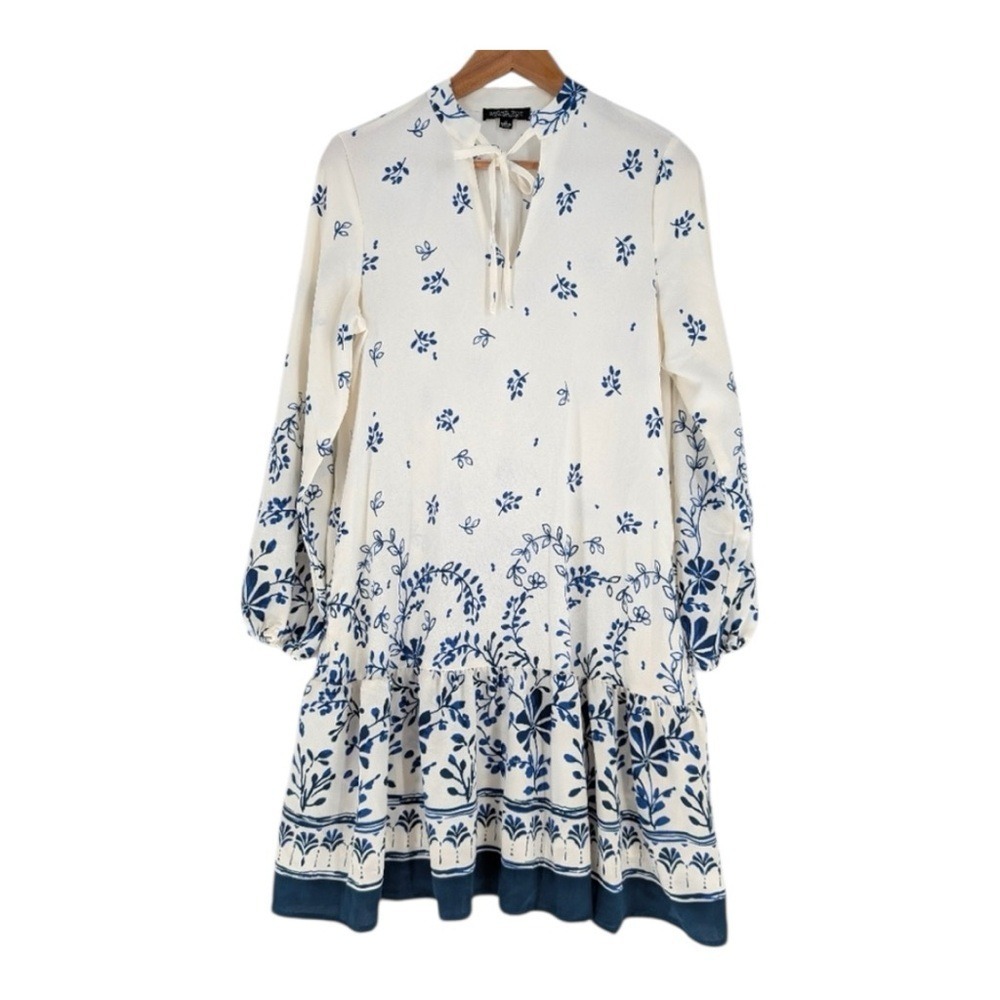 Rachel Zoe Blue White Floral Tie Neck Long Sleeve Tiered Mini Dress Small - Picture 2 of 11
